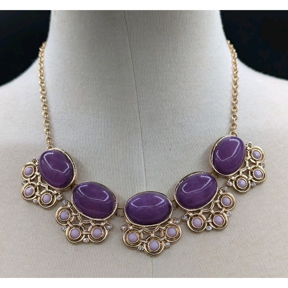 Vintage NY Purple Cabochon Gold Tone Necklace Statement Prom